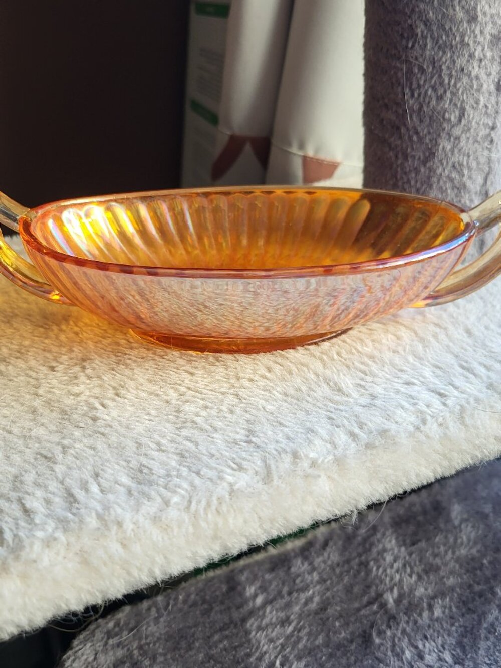 Rainbow Iridescent Carnival Glass Paneled Candy Dish Oval Bowl Relish Pickle BB